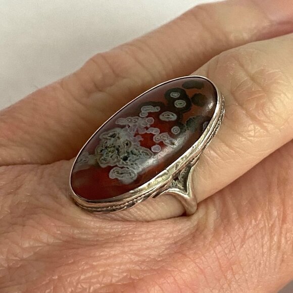 VTG Sterling Silver 925 Oval Bezel Set Ocean Jasper Split Shank Ring Sz 5.75 - Picture 3 of 16